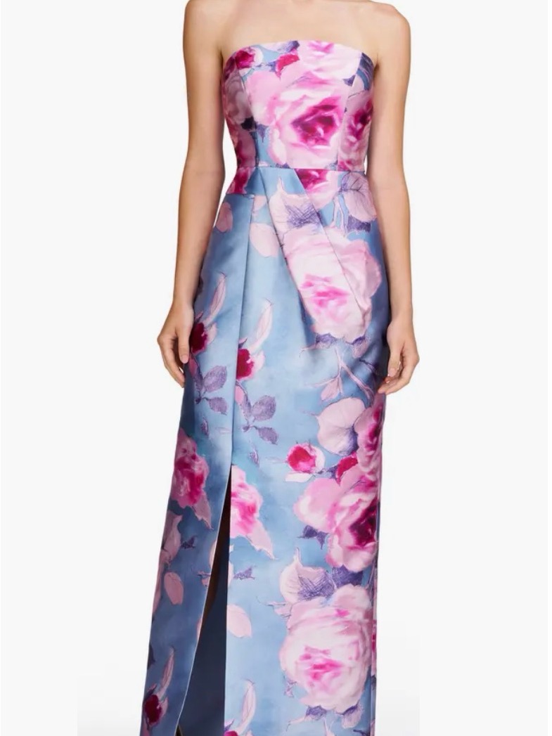 Kay Unger Strapless Floral Gown In Sky Blue And Pink